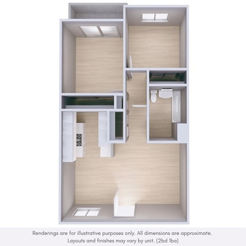 Floor plan for 2 beds, 1 bath, 950 sqft